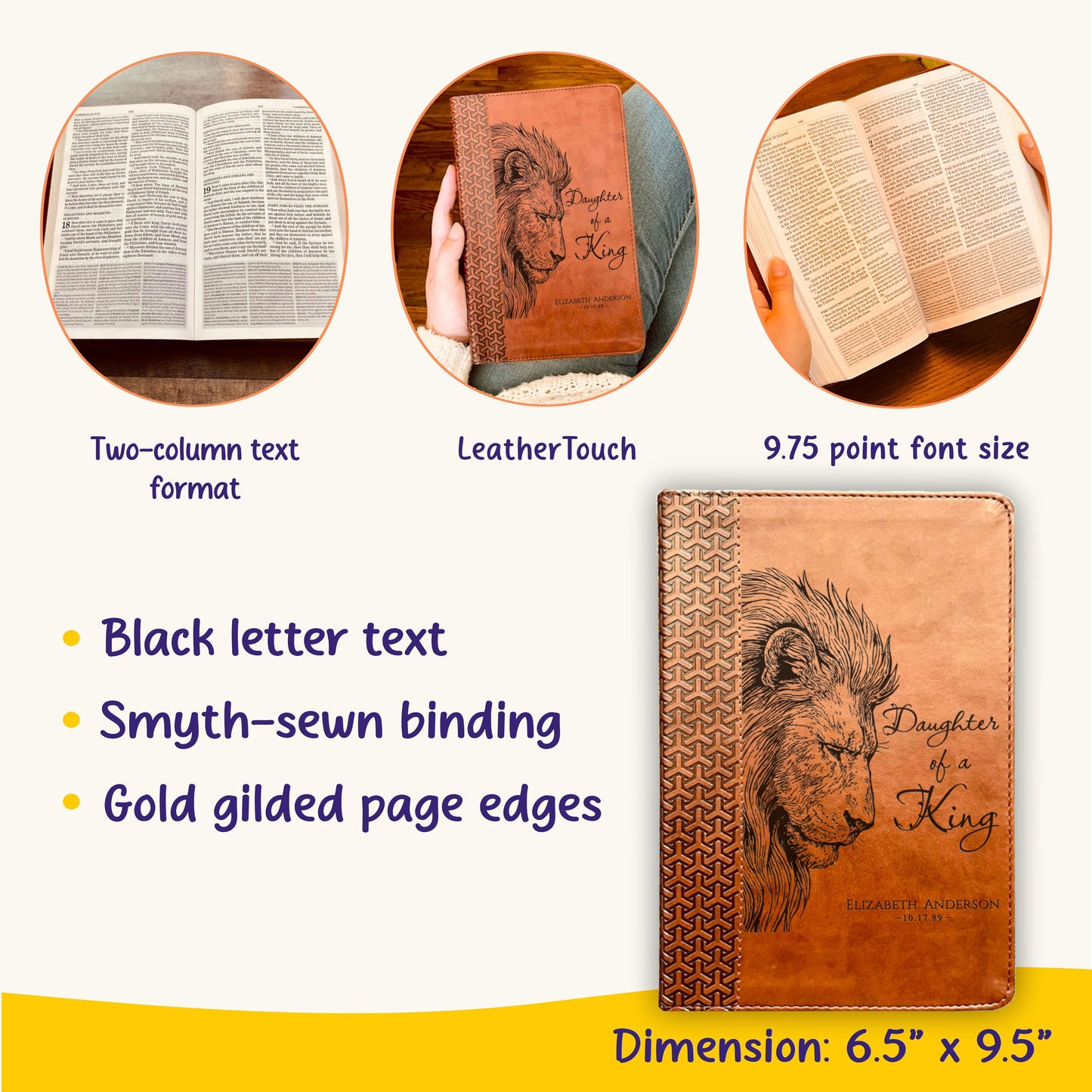 Personalized KJV Study Bible, Daughter of a King Lion Design, Custom Engraved Name, Christian Gift, Baptism Gift, Bible Gift for Her