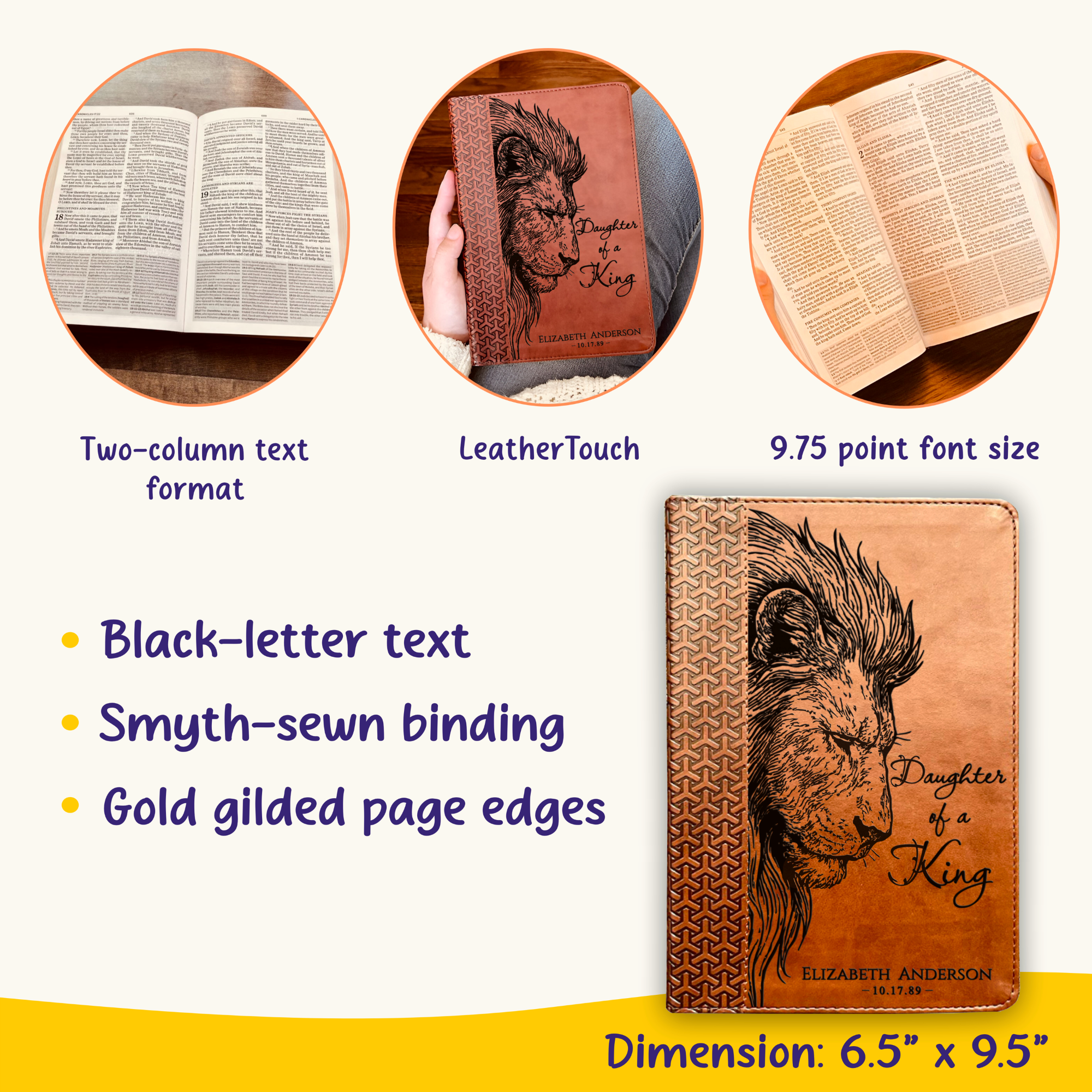 Personalized KJV Study Bible, Daughter of a King Lion Design, Custom Engraved Name, Christian Gift, Baptism Gift, Bible Gift for Her