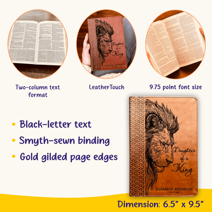 Personalized KJV Study Bible, Daughter of a King Lion Design, Custom Engraved Name, Christian Gift, Baptism Gift, Bible Gift for Her - Religious Books - Aylev