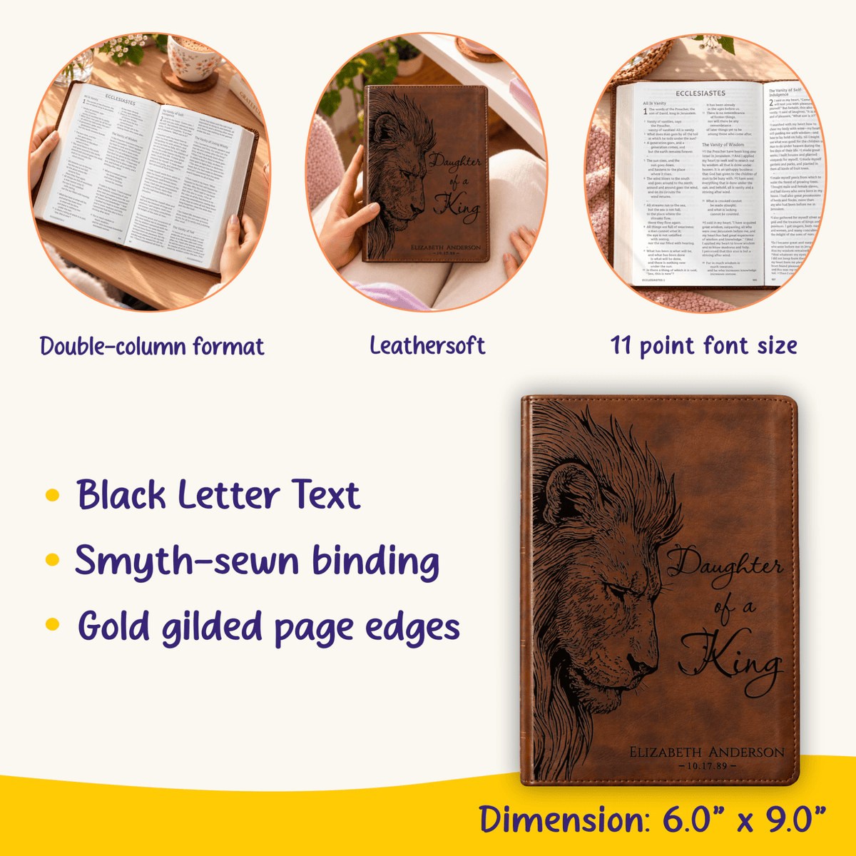 Personalized ESV Dyslexia Friendly Bible, Daughter of a King Lion Design, Custom Engraved Name, Christian Baptism Bible Gift for Her - Religious Books - Aylev