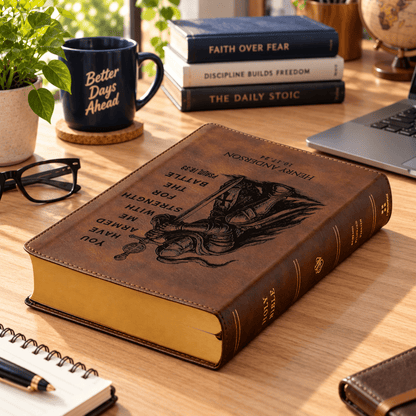 Personalized ESV Dyslexia Friendly Bible, Custom Engraved Warrior Design with Name, English Standard Version, Christian Baptism Gift for men - Religious Books - Aylev