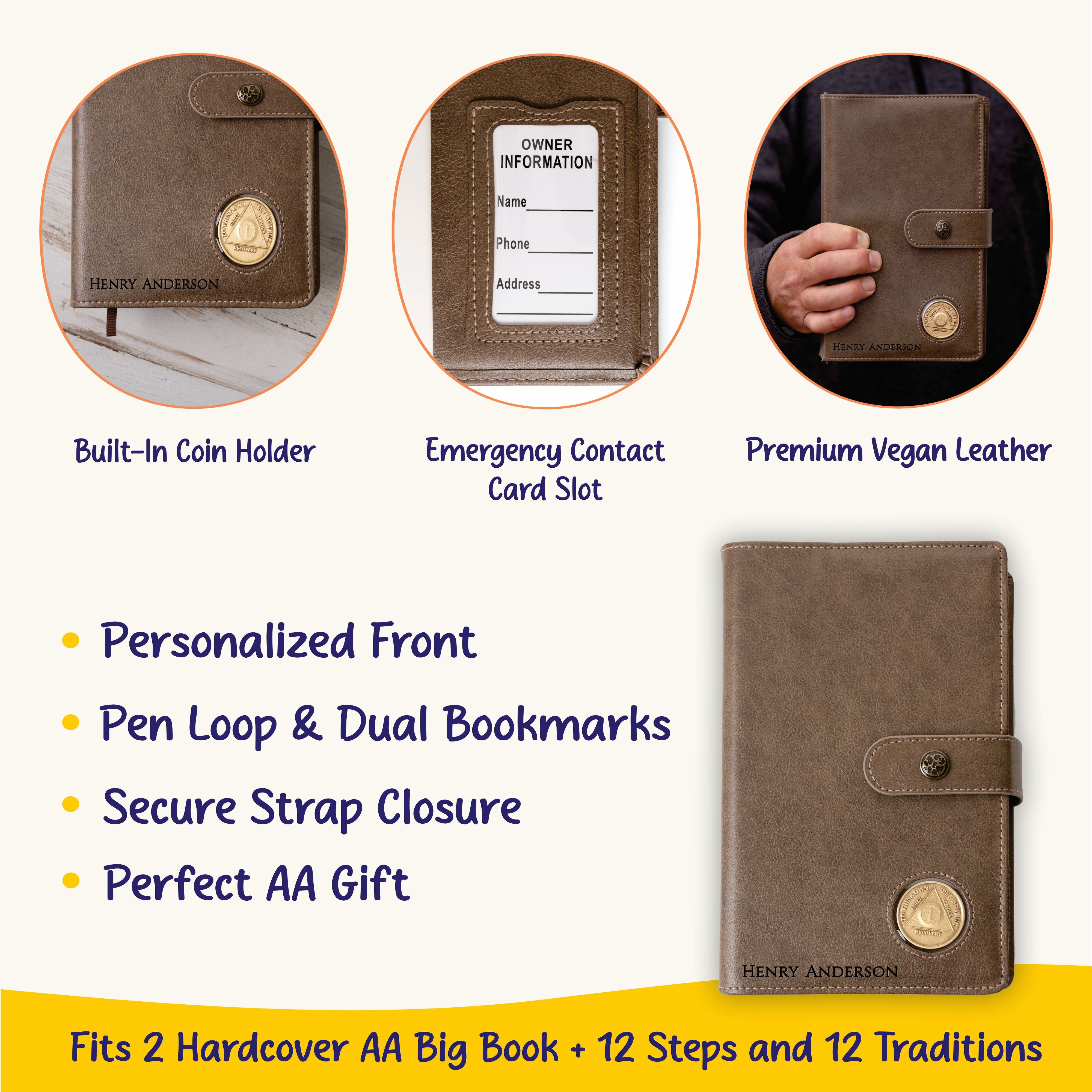 Personalized AA Big Book & 12 Steps and 12 Traditions Book Set Cover, Alcoholics Anonymous Gifts, Fits 2 Hardcover AA Books, AA Coin Holder
