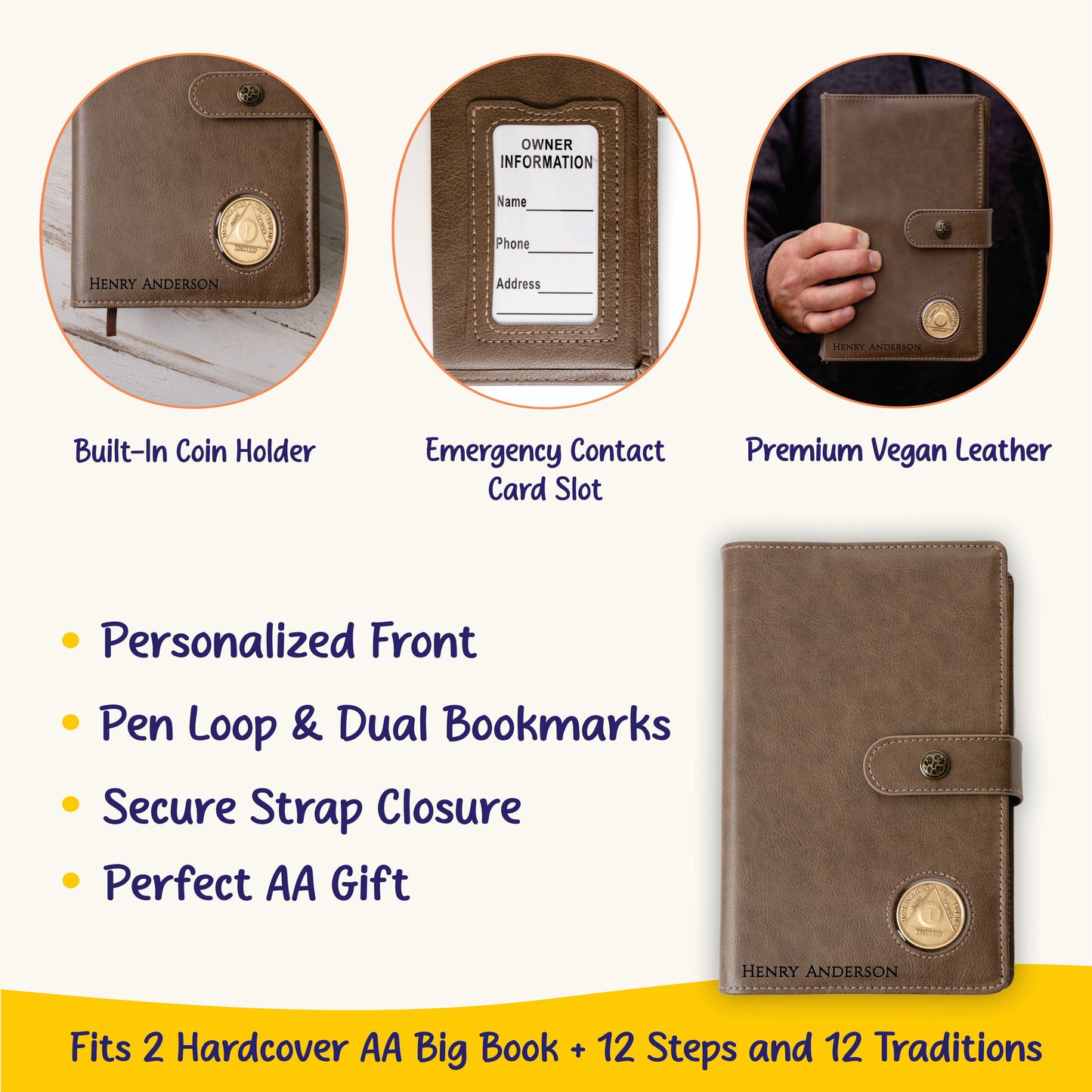 Personalized AA Big Book & 12 Steps and 12 Traditions Book Set Cover, Alcoholics Anonymous Gifts, Fits 2 Hardcover AA Books, AA Coin Holder