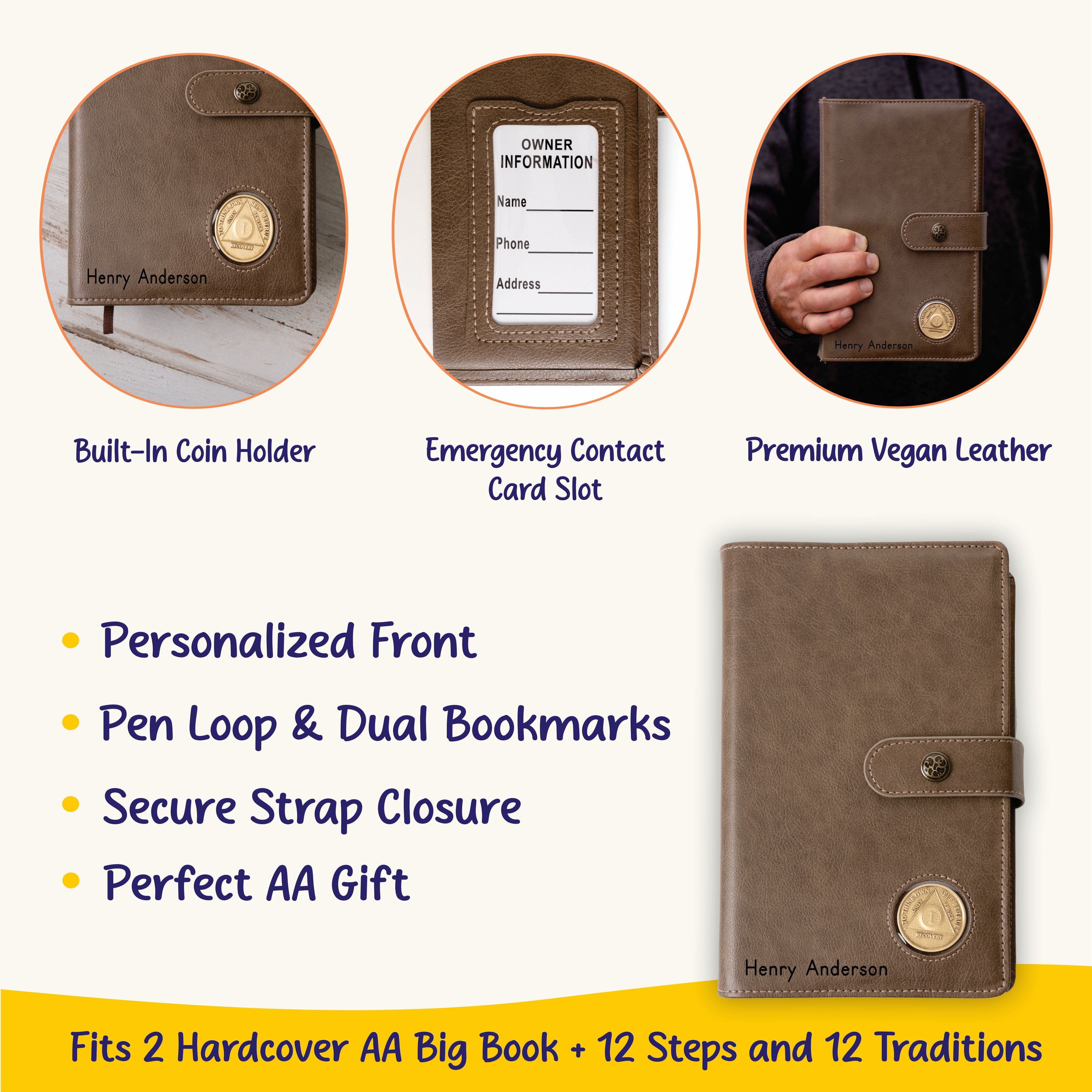 Personalized AA Big Book & 12 Steps and 12 Traditions Book Set Cover, Alcoholics Anonymous Gifts, Fits 2 Hardcover AA Books, AA Coin Holder