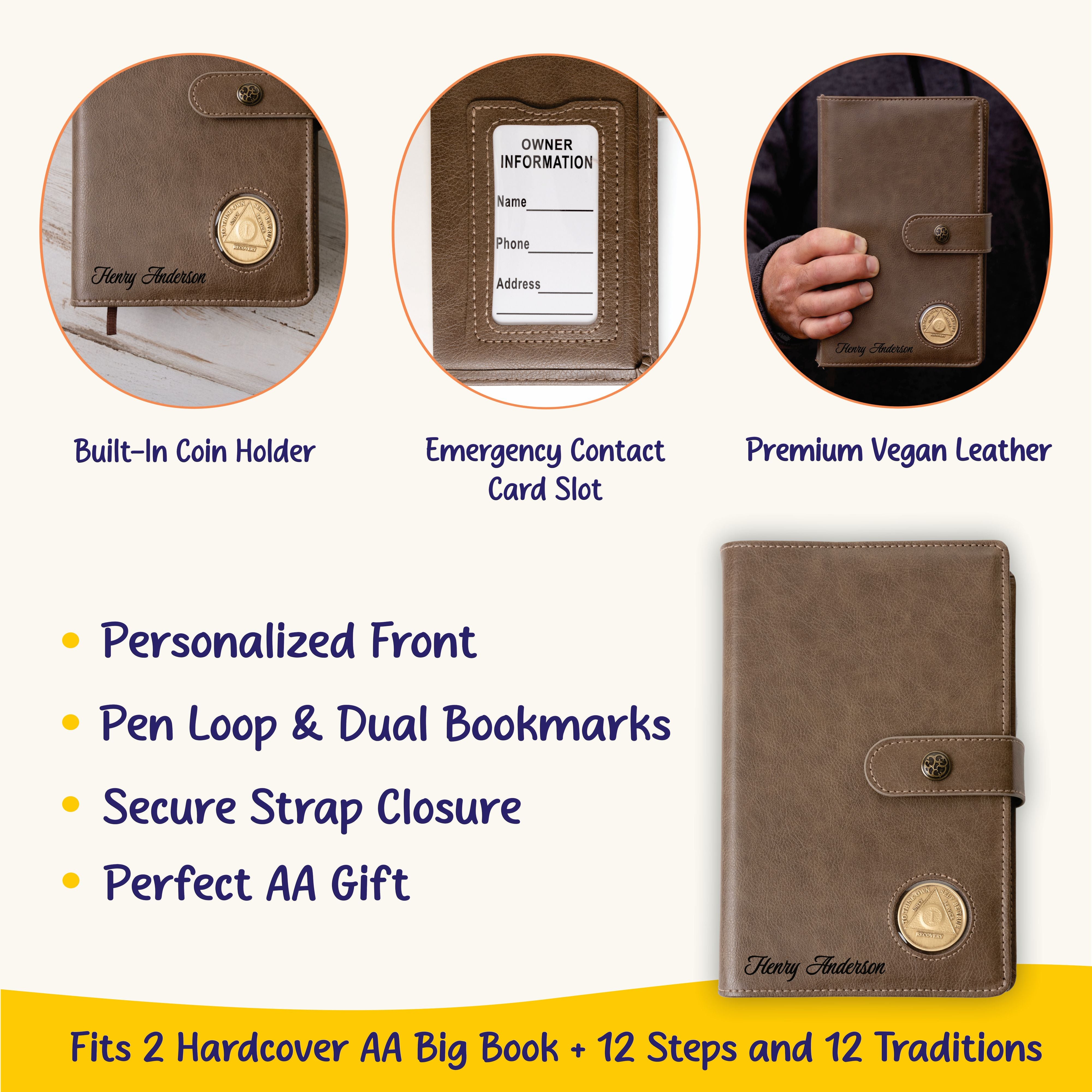 Personalized AA Big Book & 12 Steps and 12 Traditions Book Set Cover, Alcoholics Anonymous Gifts, Fits 2 Hardcover AA Books, AA Coin Holder