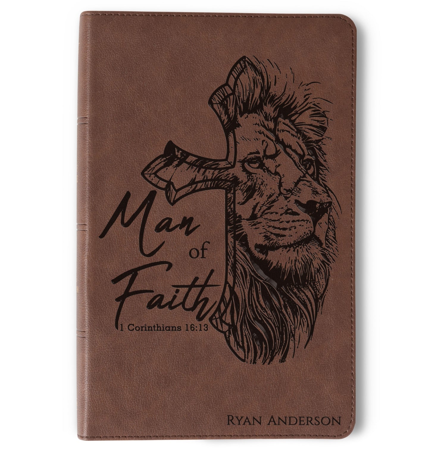 Personalized KJV Single-Column Bible, Custom Bible Engraved Name, Man of Faith Lion Design, Christian Gift, Baptism Gift, Bible Gift for Him