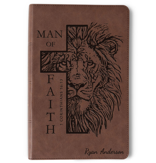 Personalized KJV Single-Column Bible, Custom Bible Engraved Name, Man of Faith Lion Design, Christian Gift, Baptism Gift, Bible Gift for Him