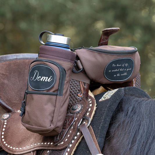 Personalized Horse Saddle Brown Pommel Bag & Bottle Holder Set, Horse Tack, Horse Gifts, Horse Stuff, Equestrian Gifts, Saddle Accessories