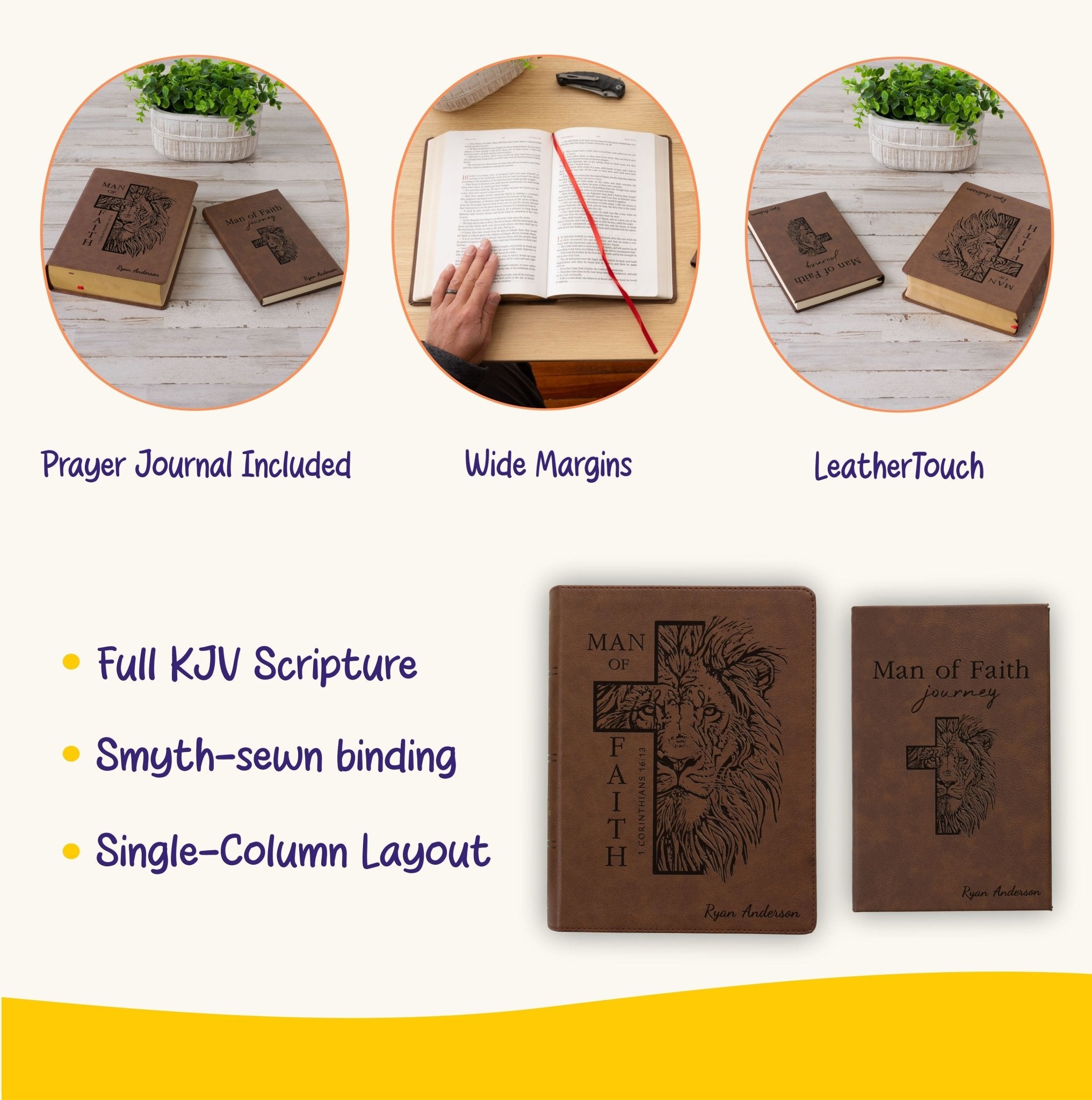 Personalized KJV Bible & Prayer Journal Set, Single - Column Wide - Margin Bible, Custom Engraved Name, Christian Gift, Baptism Gift for men - Religious Books - Aylev