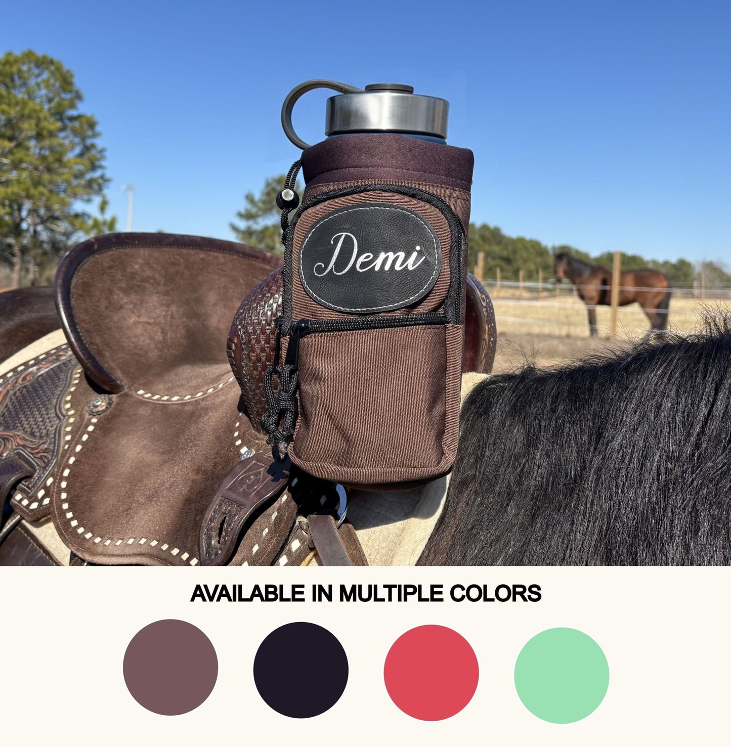 Personalized Horse Saddle Water Bottle Holder, Multi-Pocket Saddle Drink Holder, Fits Bottles Up to 40 oz, Multiple Colors - Horse Tack Accessories - Aylev