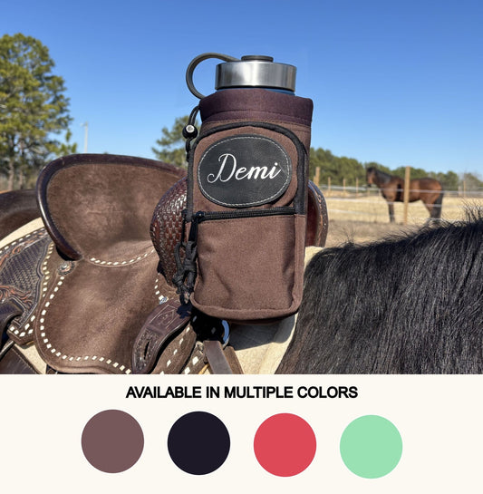 Personalized Horse Saddle Water Bottle Holder, Multi-Pocket Saddle Drink Holder, Fits Bottles Up to 40 oz, Multiple Colors - Horse Tack Accessories - Aylev