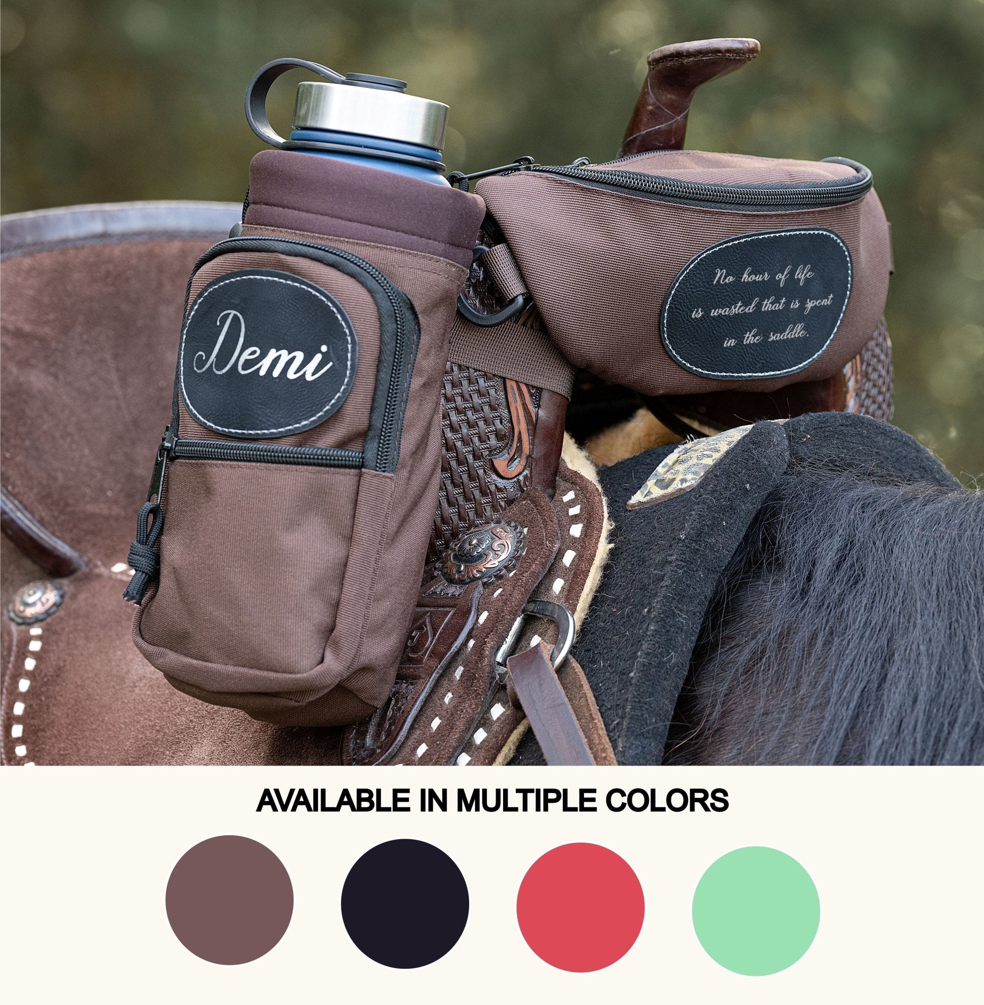 Personalized Horse Saddle Pommel Bag & Water Bottle Holder Set, Custom Equestrian Trail Riding Accessory - Horse Tack Accessories - Aylev