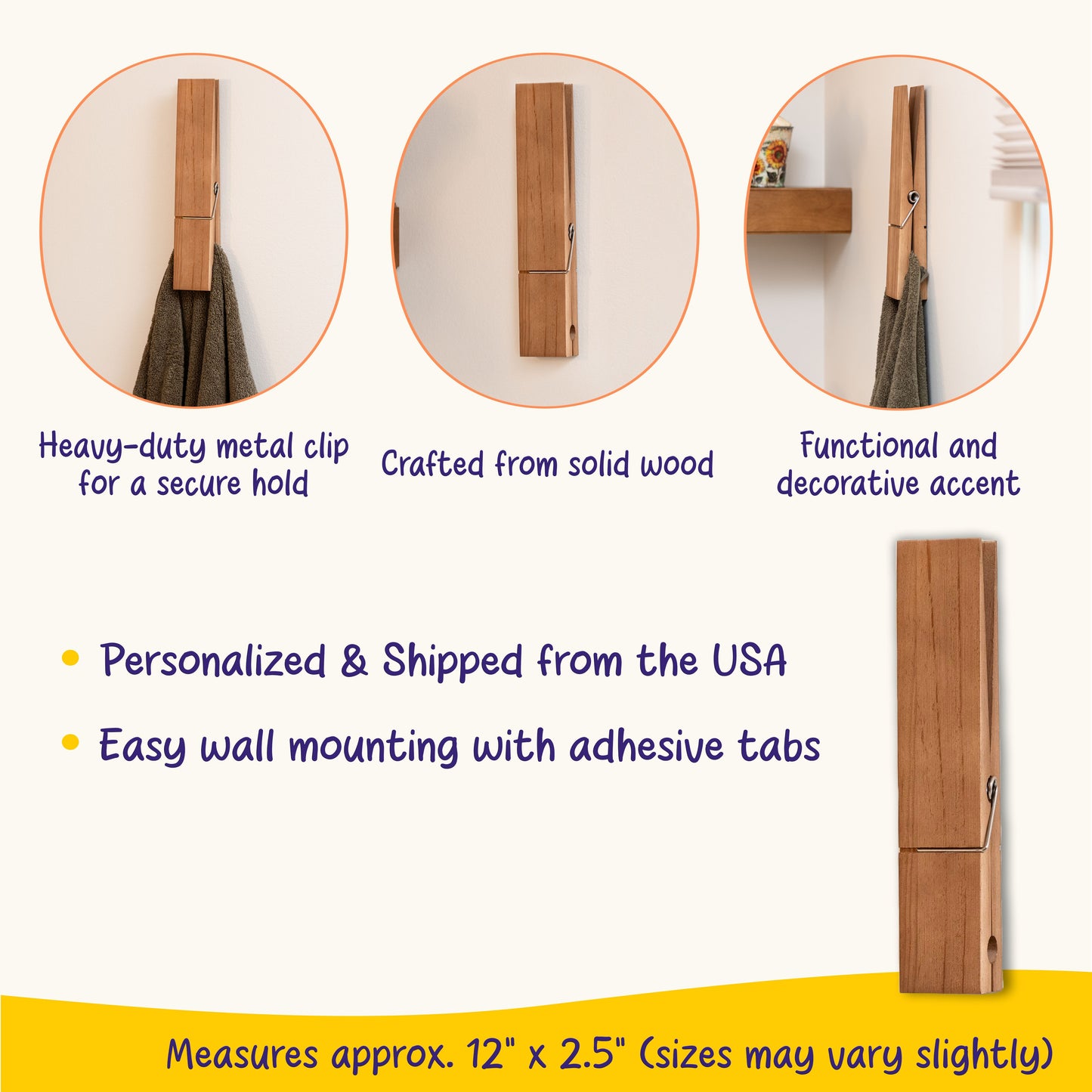 Jumbo Giant Clothespin Towel Holder, Rustic Farmhouse Wall Decor, 12" Large Clothespin for Bathroom & Laundry Room Accessories