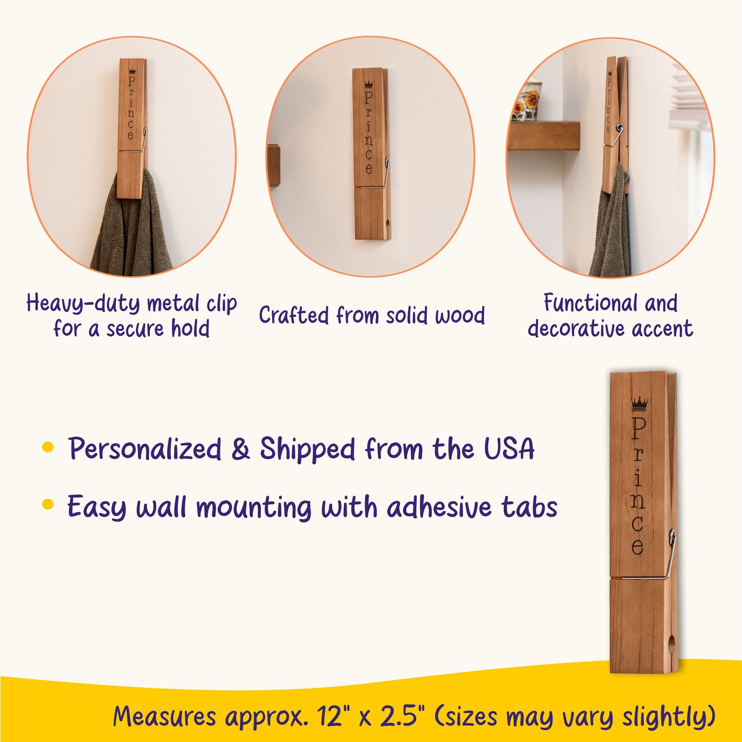 Custom Design Jumbo Giant Clothespin Towel Holder, Rustic Farmhouse Wall Decor, 12" Large Clothespin for Bathroom & Laundry Room Accessories