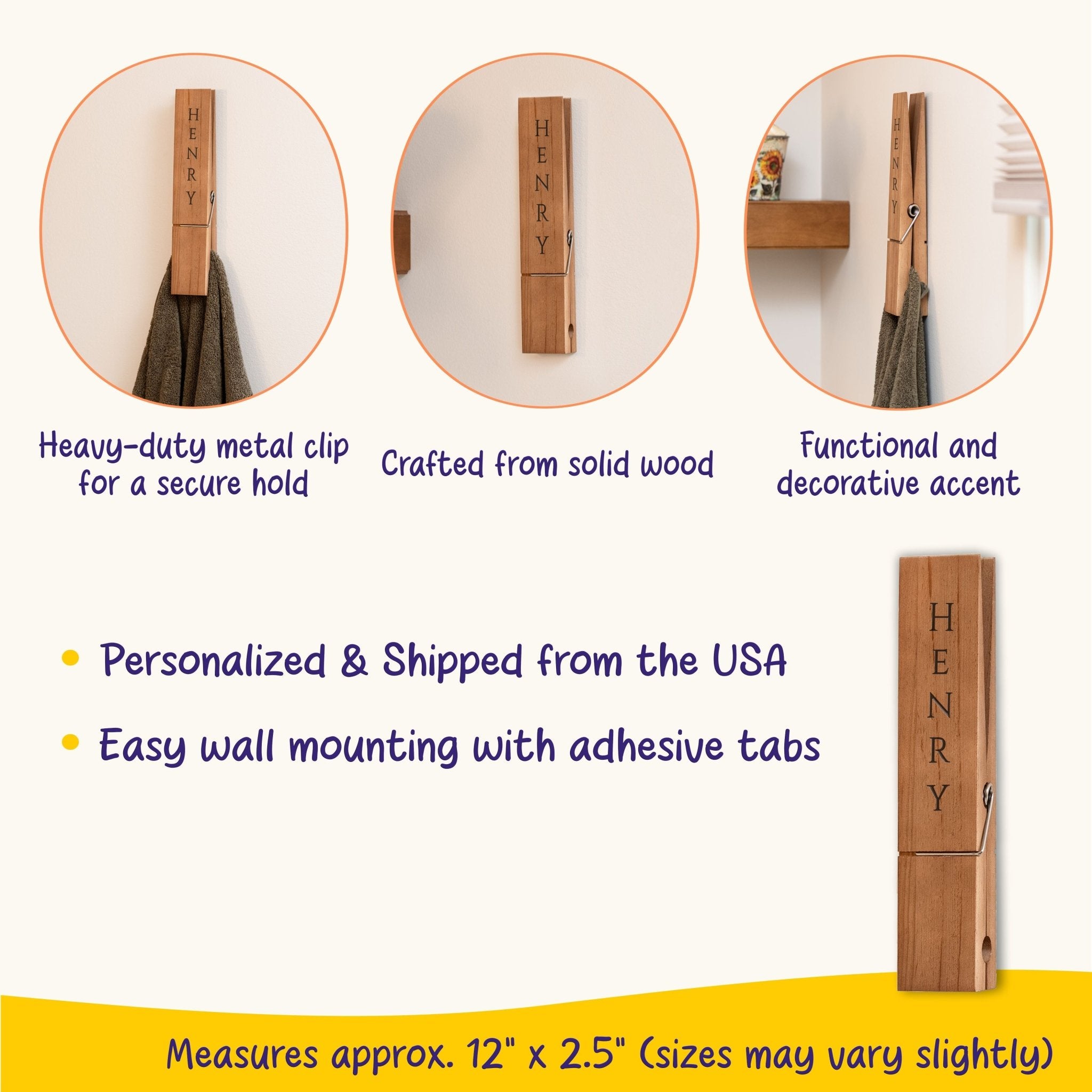 Personalized Jumbo Giant Clothespin Towel Holder, Rustic Farmhouse Wall Decor, 12" Large Clothespin for Bathroom & Laundry Room Accessories - Apparel & Accessories - Aylev