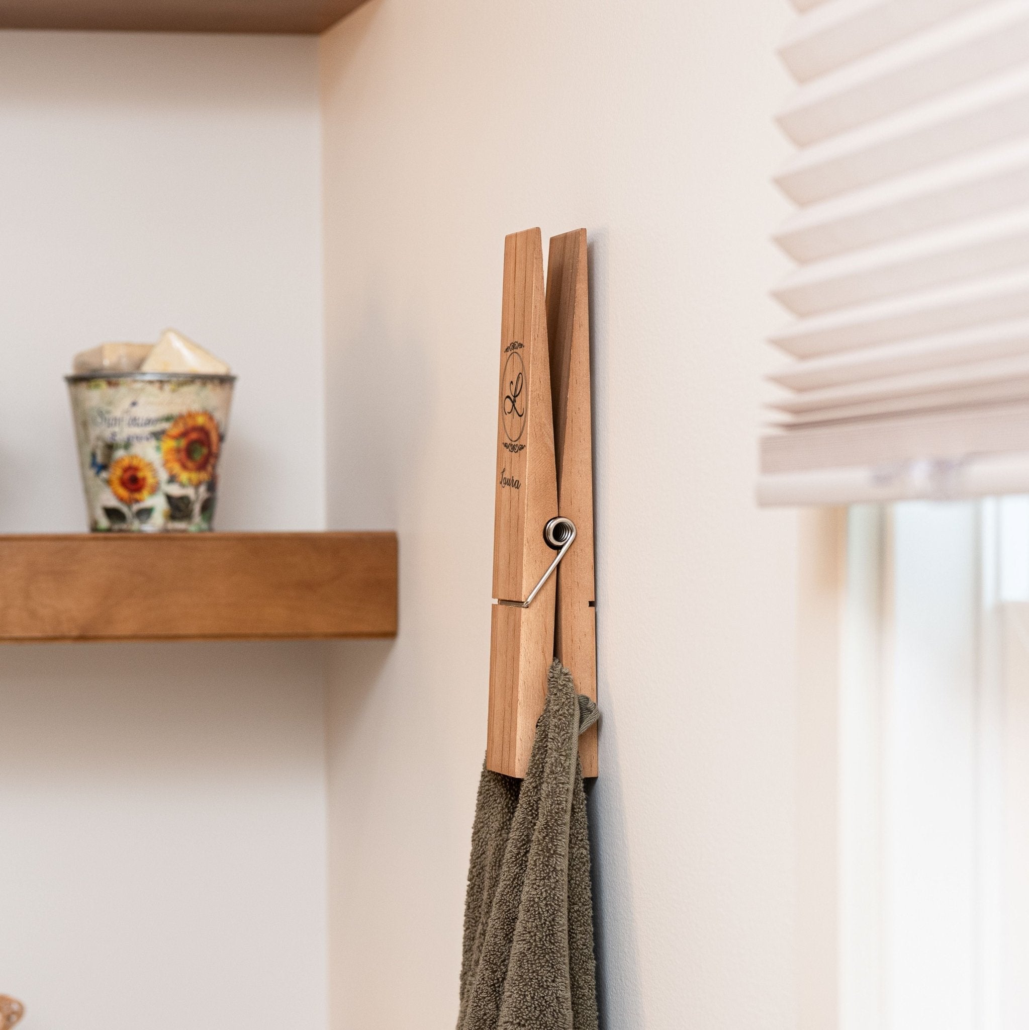 Personalized Jumbo Giant Clothespin Towel Holder, Rustic Farmhouse Wall Decor, 12" Large Clothespin for Bathroom & Laundry Room Accessories - Apparel & Accessories - Aylev