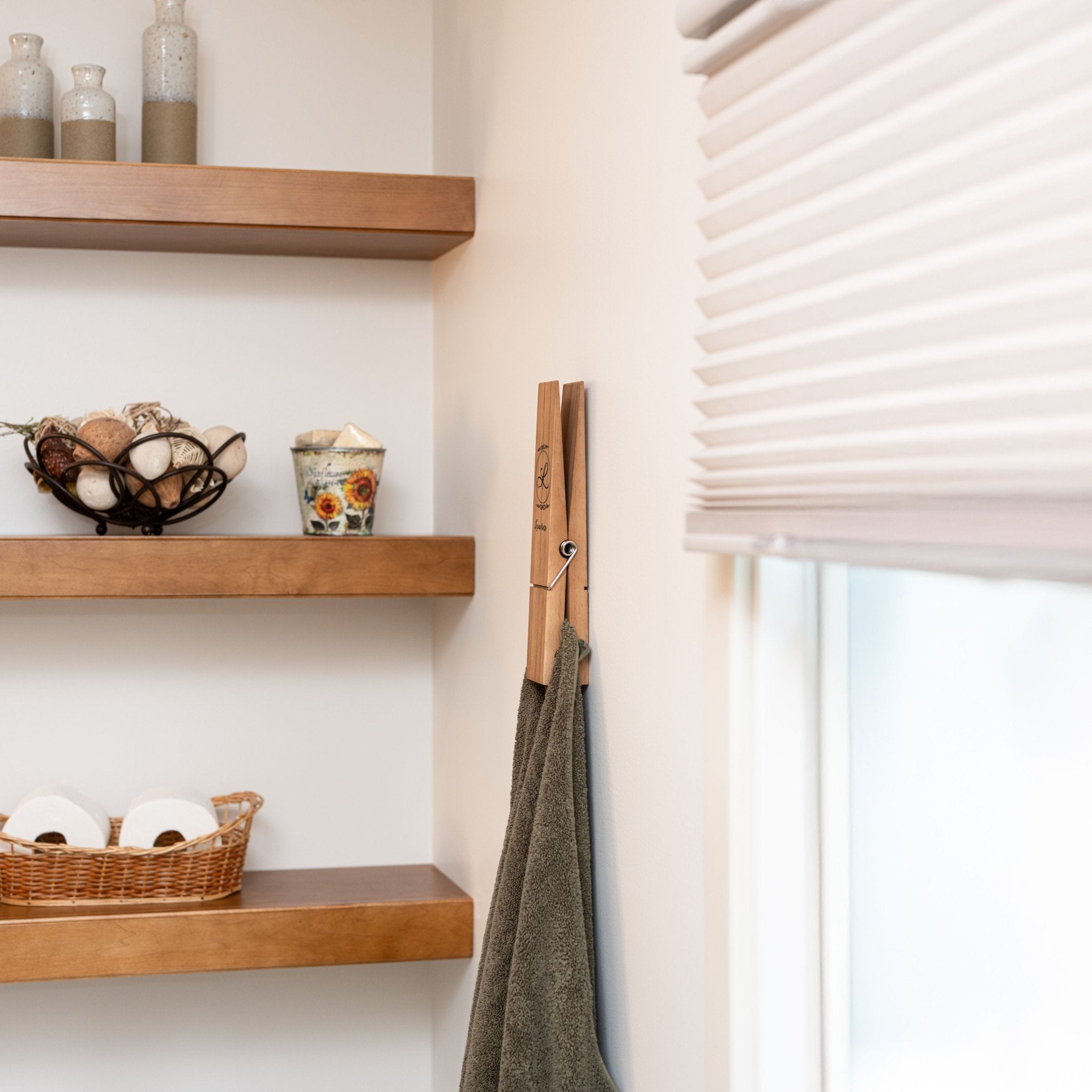 Personalized Jumbo Giant Clothespin Towel Holder, Rustic Farmhouse Wall Decor, 12" Large Clothespin for Bathroom & Laundry Room Accessories - Apparel & Accessories - Aylev