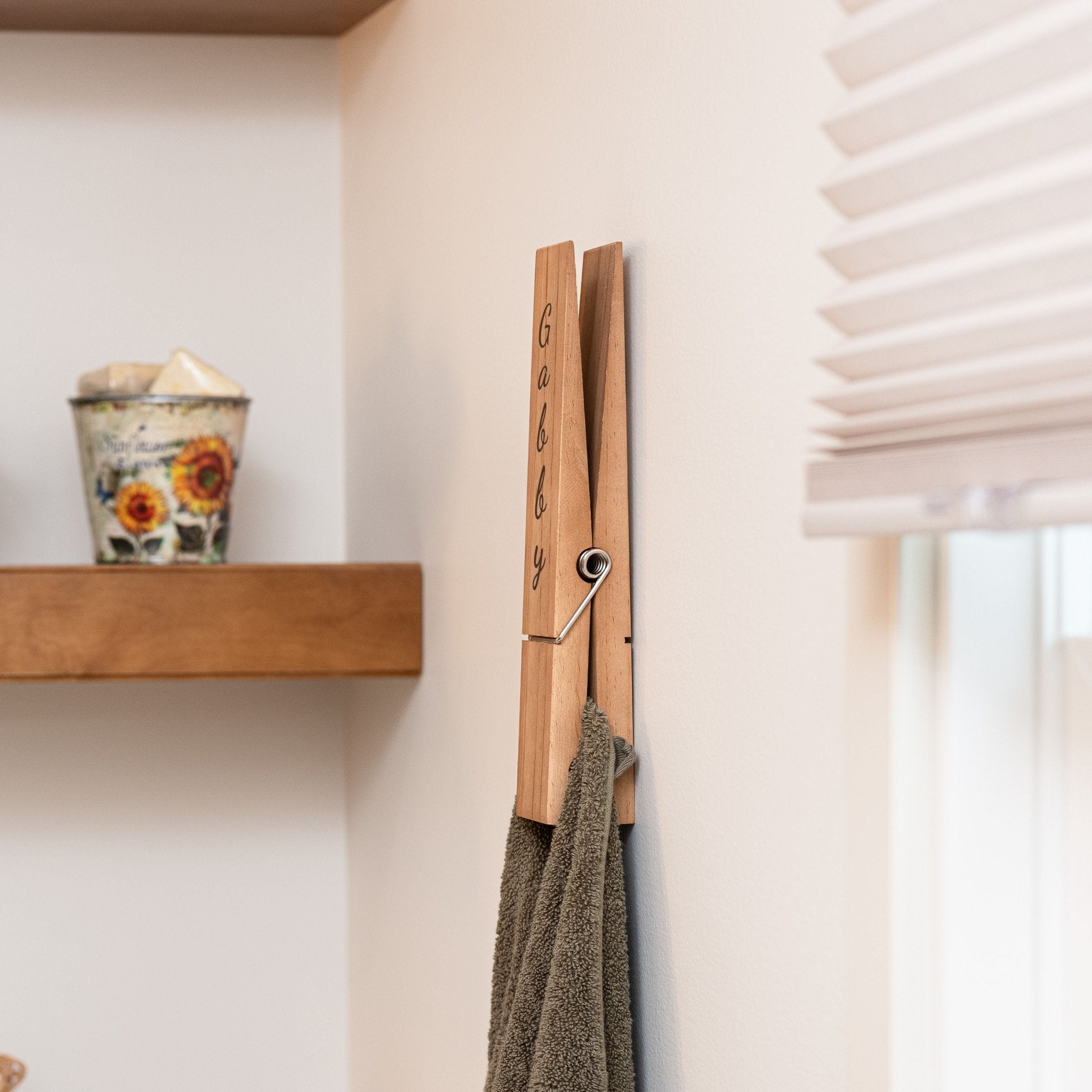 Personalized Jumbo Giant Clothespin Towel Holder, Rustic Farmhouse Wall Decor, 12" Large Clothespin for Bathroom & Laundry Room Accessories - Apparel & Accessories - Aylev