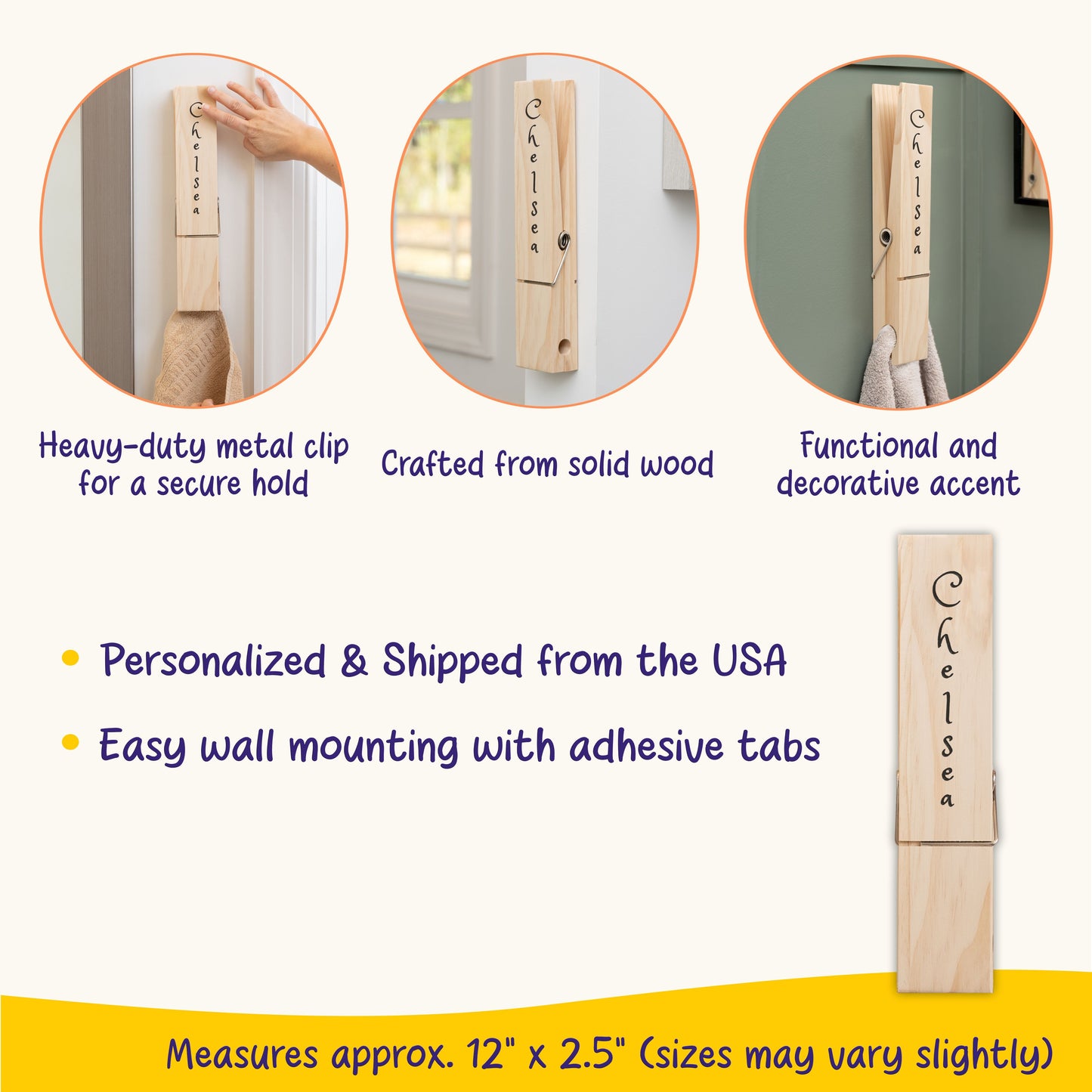 Personalized Jumbo Giant Clothespin Towel Holder, Rustic Farmhouse Wall Decor, 12" Large Clothespin for Bathroom & Laundry Room Accessories