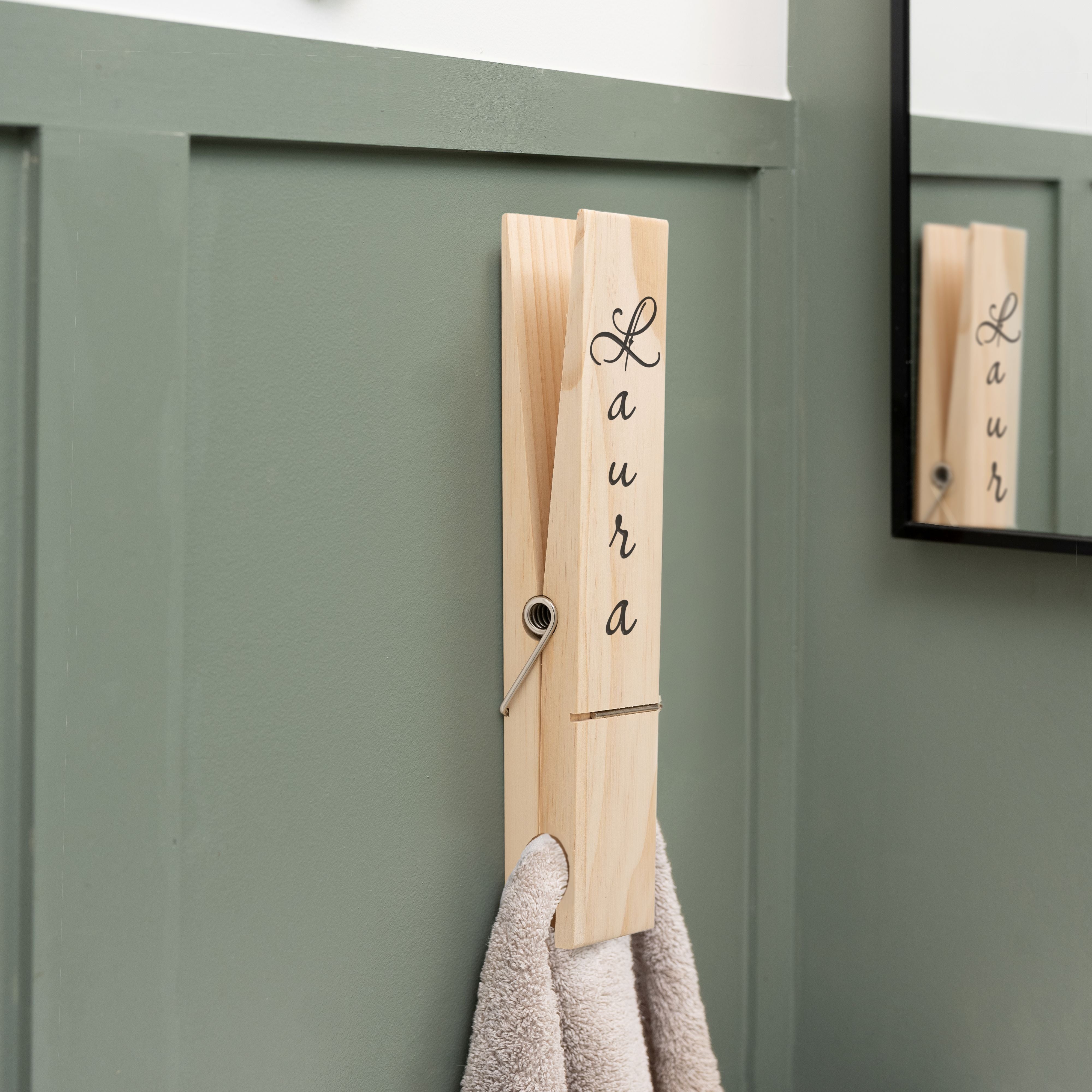 Personalized Jumbo Giant Clothespin Towel Holder, Rustic Farmhouse Wall Decor, 12" Large Clothespin for Bathroom & Laundry Room Accessories