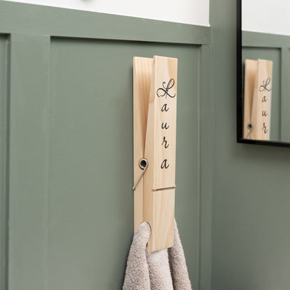 Personalized Jumbo Giant Clothespin Towel Holder, Rustic Farmhouse Wall Decor, 12" Large Clothespin for Bathroom & Laundry Room Accessories - Apparel & Accessories - Aylev