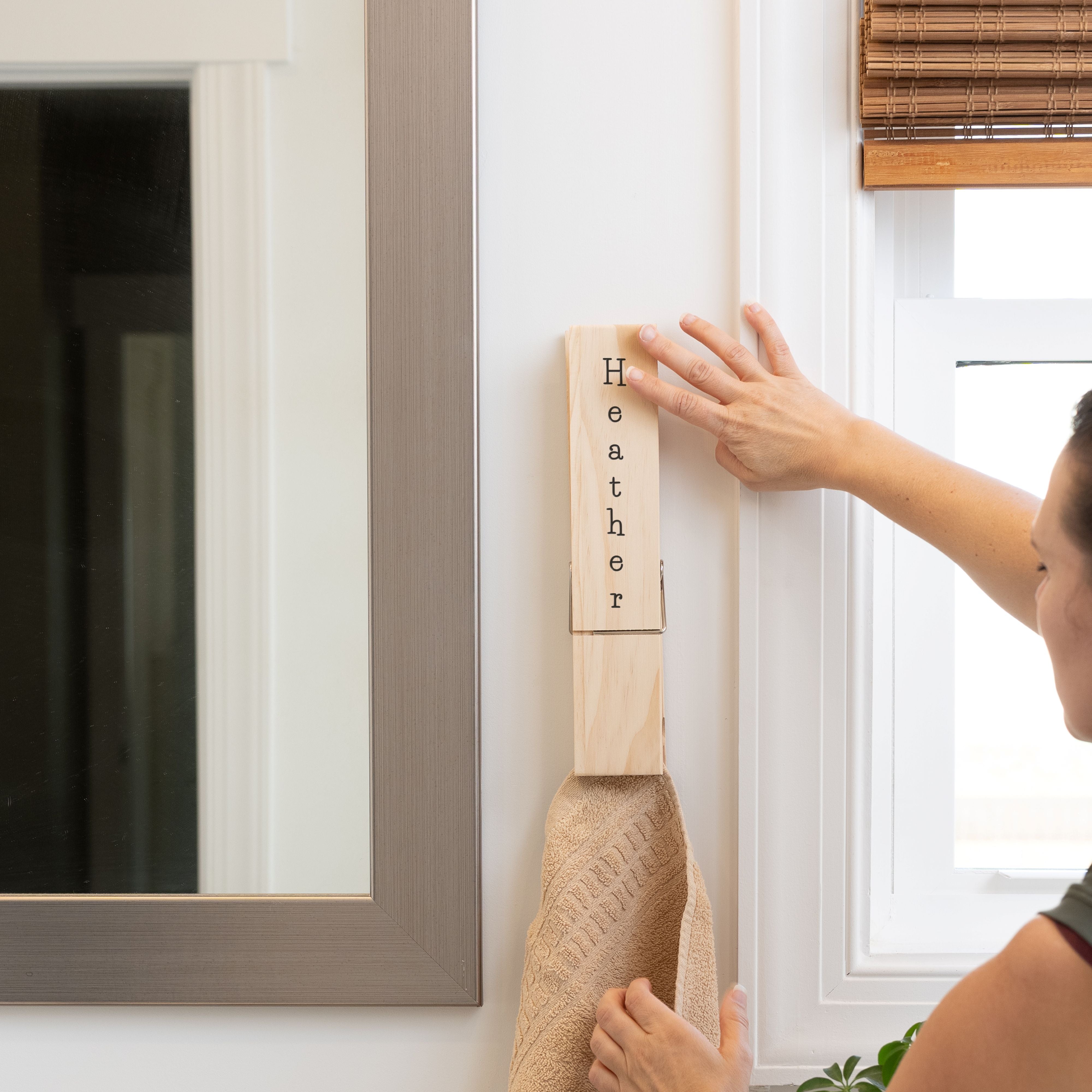 Personalized Jumbo Giant Clothespin Towel Holder, Rustic Farmhouse Wall Decor, 12" Large Clothespin for Bathroom & Laundry Room Accessories