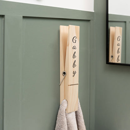Personalized Jumbo Giant Clothespin Towel Holder, Rustic Farmhouse Wall Decor, 12" Large Clothespin for Bathroom & Laundry Room Accessories - Apparel & Accessories - Aylev