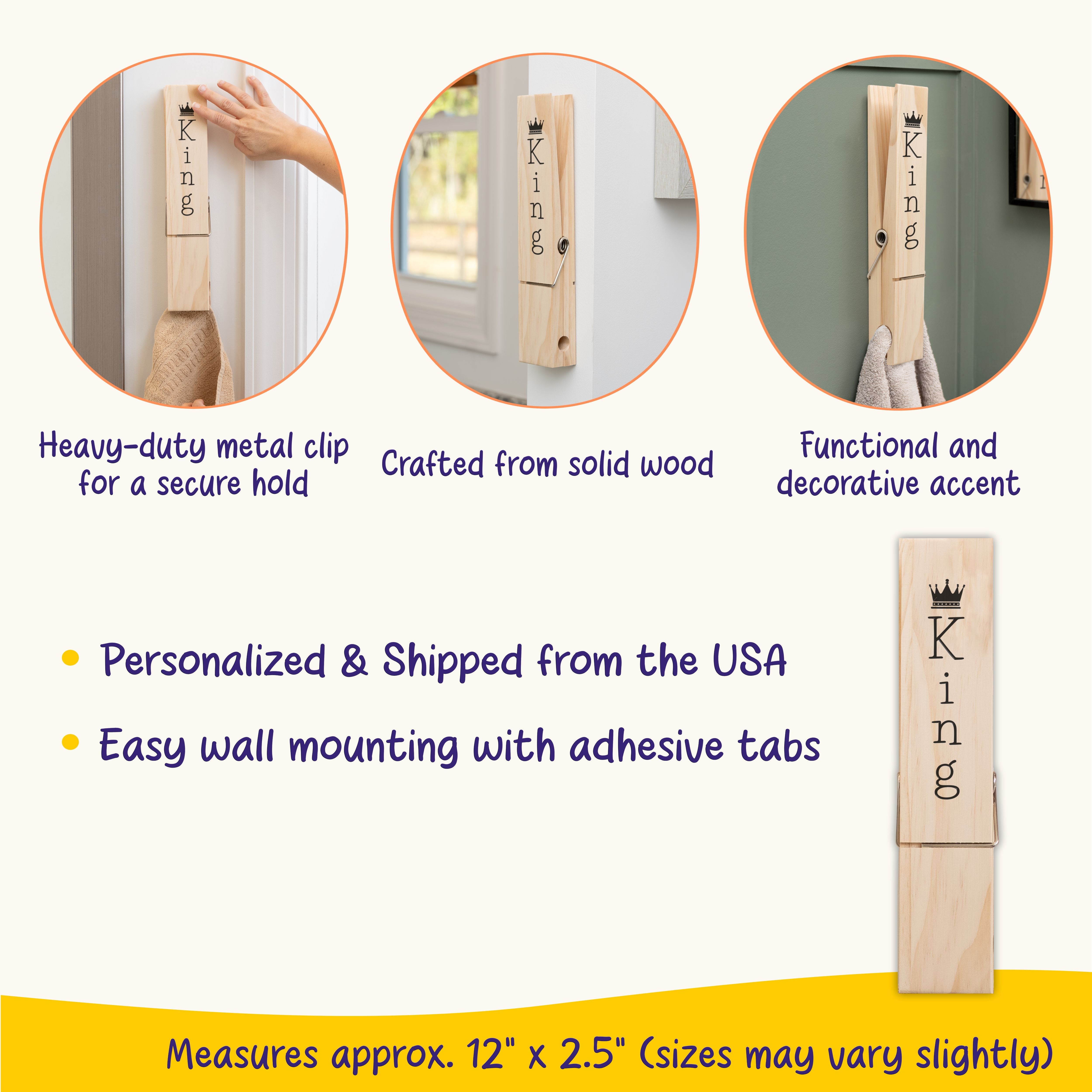 Custom Jumbo Giant Clothespin Towel Holder, Rustic Farmhouse Wall Decor, 12" Large Clothespin for Bathroom & Laundry Room Accessories