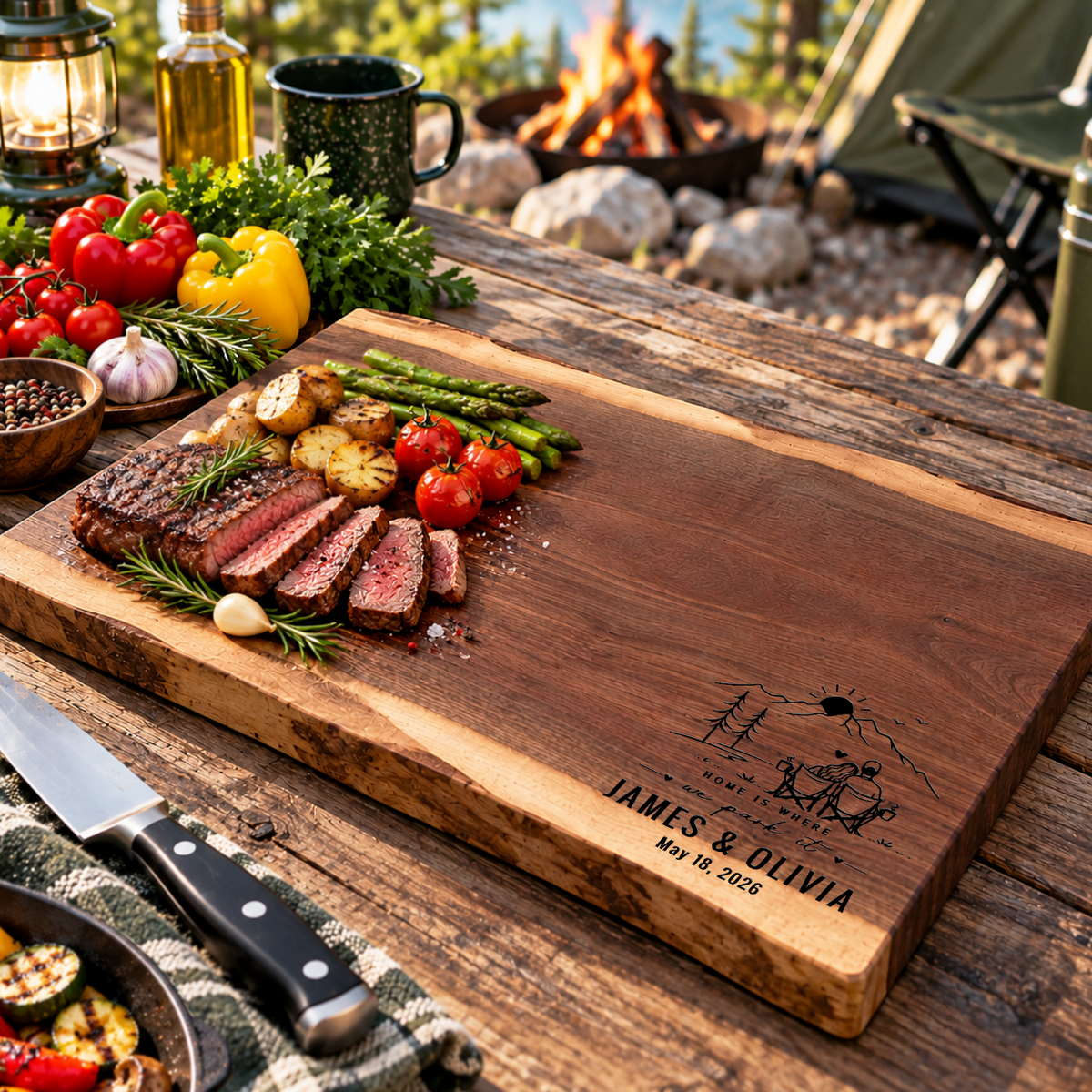 Personalized Camper Cutting Board, Custom Engraved Black Walnut Wood, RV Housewarming Gift, Camping Gift, Travel Trailer Kitchen Decor - Apparel & Accessories - Aylev