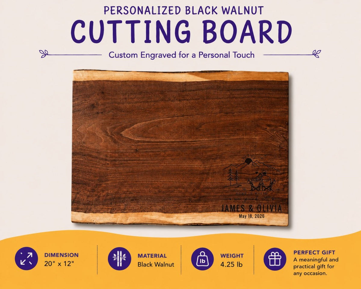 Personalized Camper Cutting Board, Custom Engraved Black Walnut Wood, RV Housewarming Gift, Camping Gift, Travel Trailer Kitchen Decor - Apparel & Accessories - Aylev
