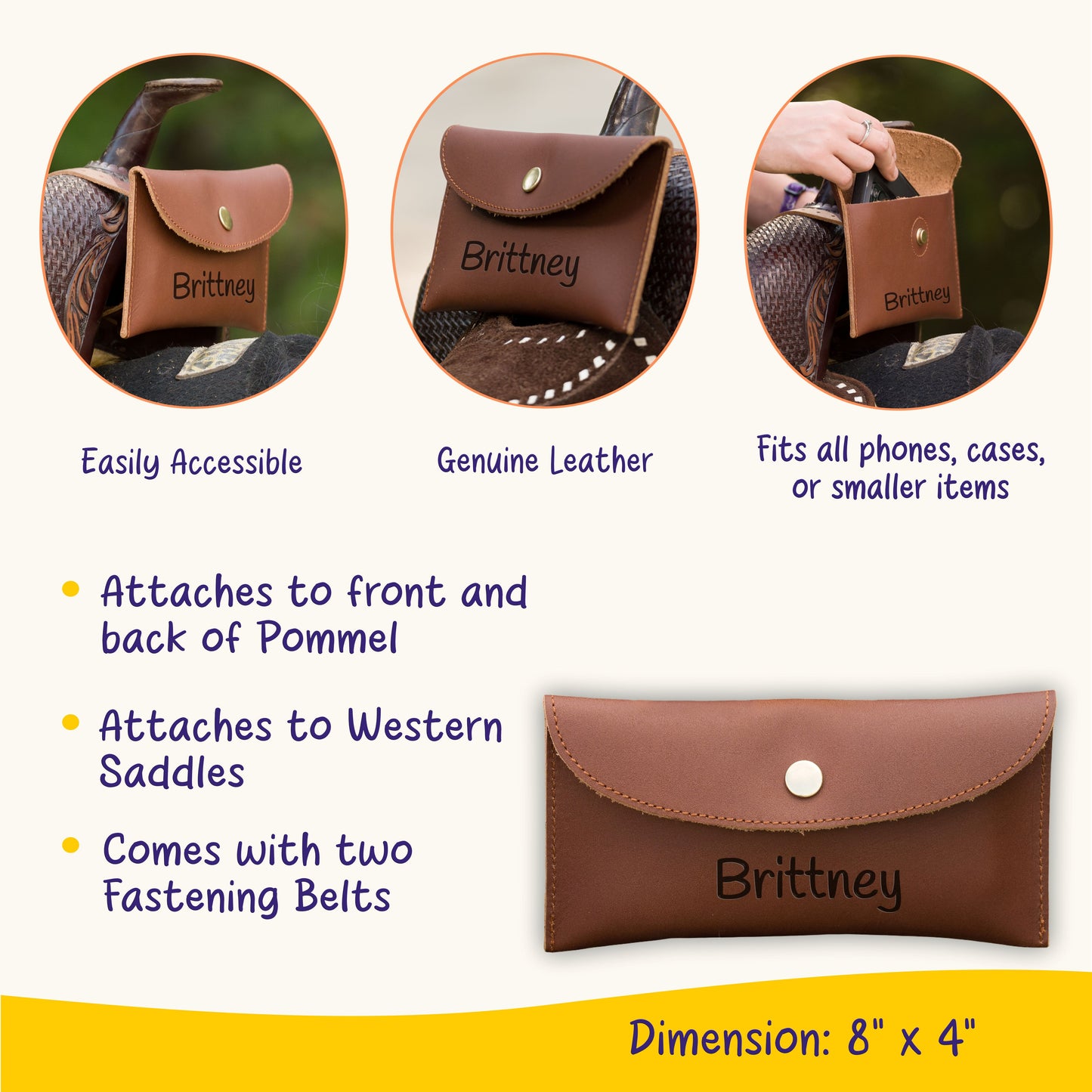 Personalized Genuine Leather Horse Saddle Bag, Real Leather Saddle Phone Holder, Horse Tack, Horse Gifts, Horse Gifts For Women Equestrian