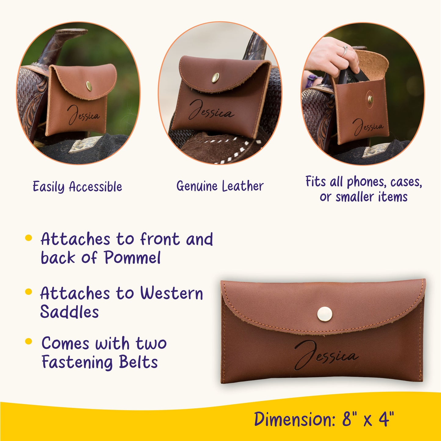 Personalized Genuine Leather Horse Saddle Bag, Real Leather Saddle Phone Holder, Horse Tack, Horse Gifts, Horse Gifts For Women Equestrian