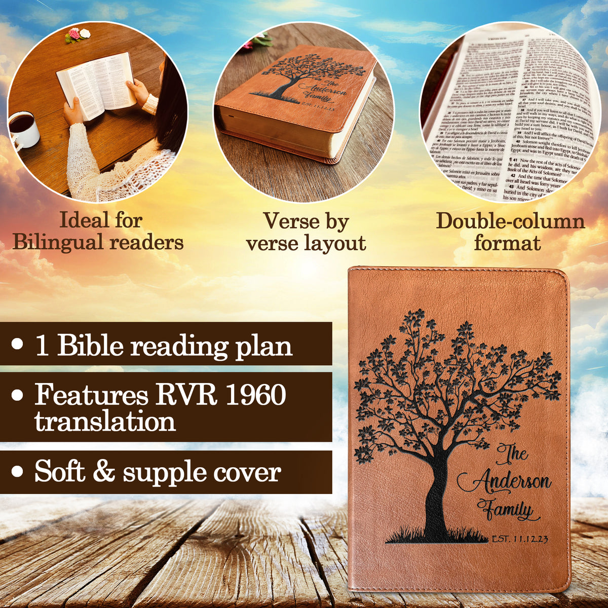 Personalized Family Bible, Custom ESV/RVR Biblia en Español Personalizada, Biblia Reina Valera 1960 en espanol Spanish Bible, Christian Gifts - Religious Books - Aylev