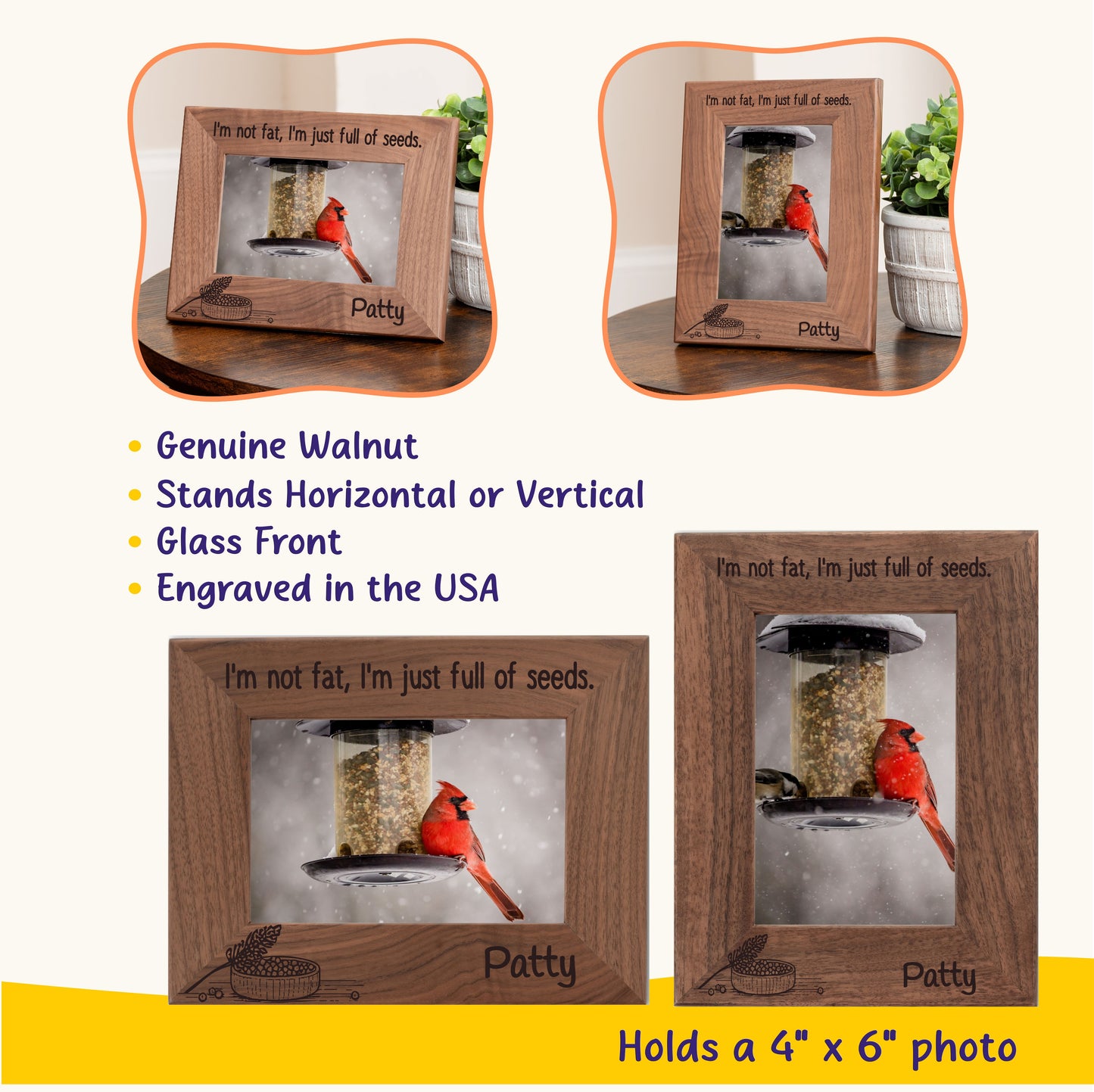 Personalized Bird Picture Frame, Genuine Walnut Bird Photo Frame 4x6, Bird Picture Wall Decor, Bird Memorial Gift, Bird Loss Gifts