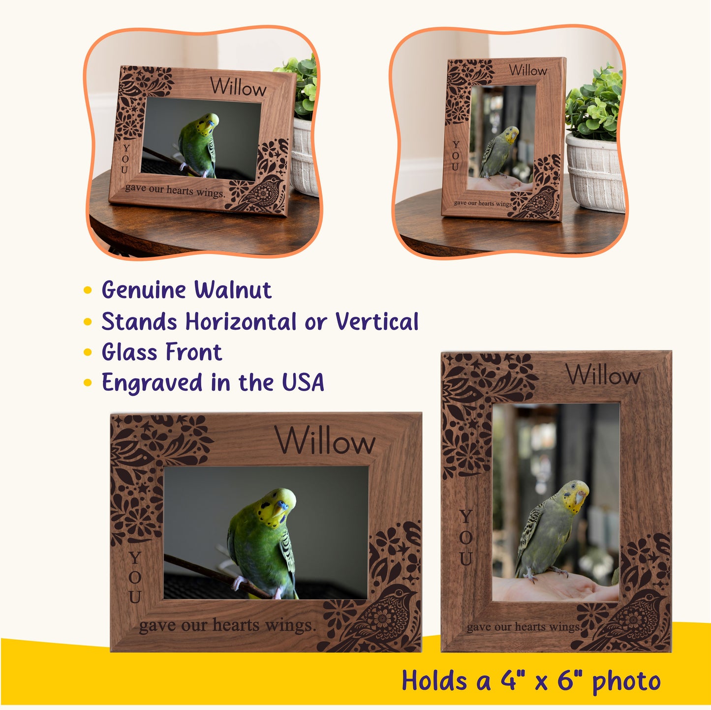 Personalized Bird Picture Frame, Genuine Walnut Bird Photo Frame 4x6, Bird Picture Wall Decor, Bird Memorial Gift, Bird Loss Gifts