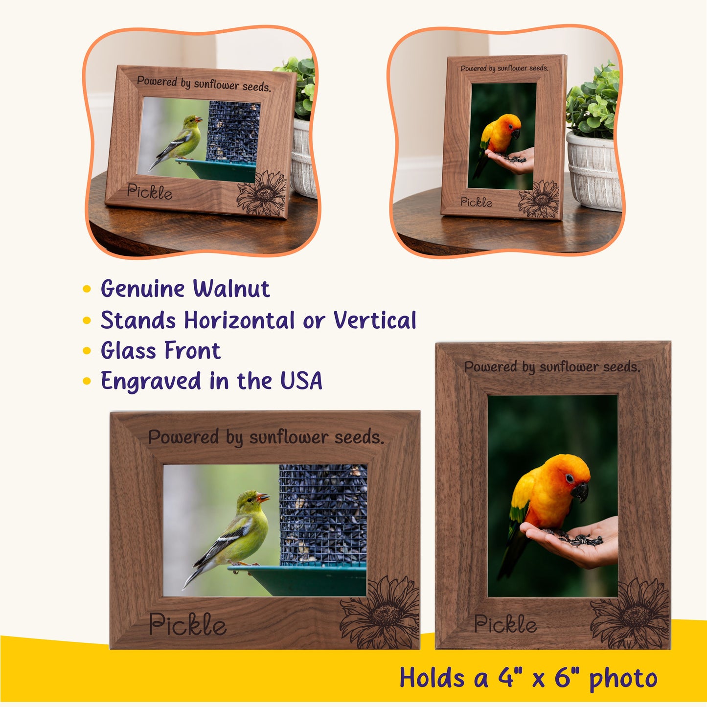 Personalized Bird Picture Frame, Genuine Walnut Bird Photo Frame 4x6, Bird Picture Wall Decor, Bird Memorial Gift, Bird Loss Gifts
