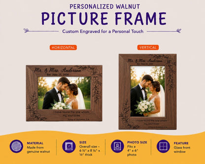 Personalized Wedding Photo Frame, Custom Engraved Genuine Walnut 4x6 Picture Frame, Family Keepsake, Wedding Gift for Couple - Apparel & Accessories - Aylev