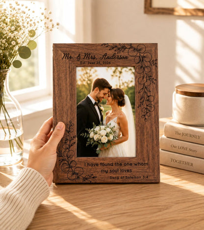 Personalized Wedding Photo Frame, Custom Engraved Genuine Walnut 4x6 Picture Frame, Family Keepsake, Wedding Gift for Couple - Apparel & Accessories - Aylev