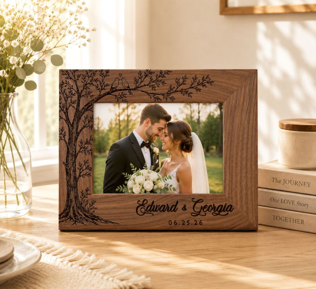 Personalized Wedding Photo Frame, Custom Engraved Genuine Walnut 4x6 Picture Frame, Family Keepsake, Wedding Gift for Couple - Apparel & Accessories - Aylev