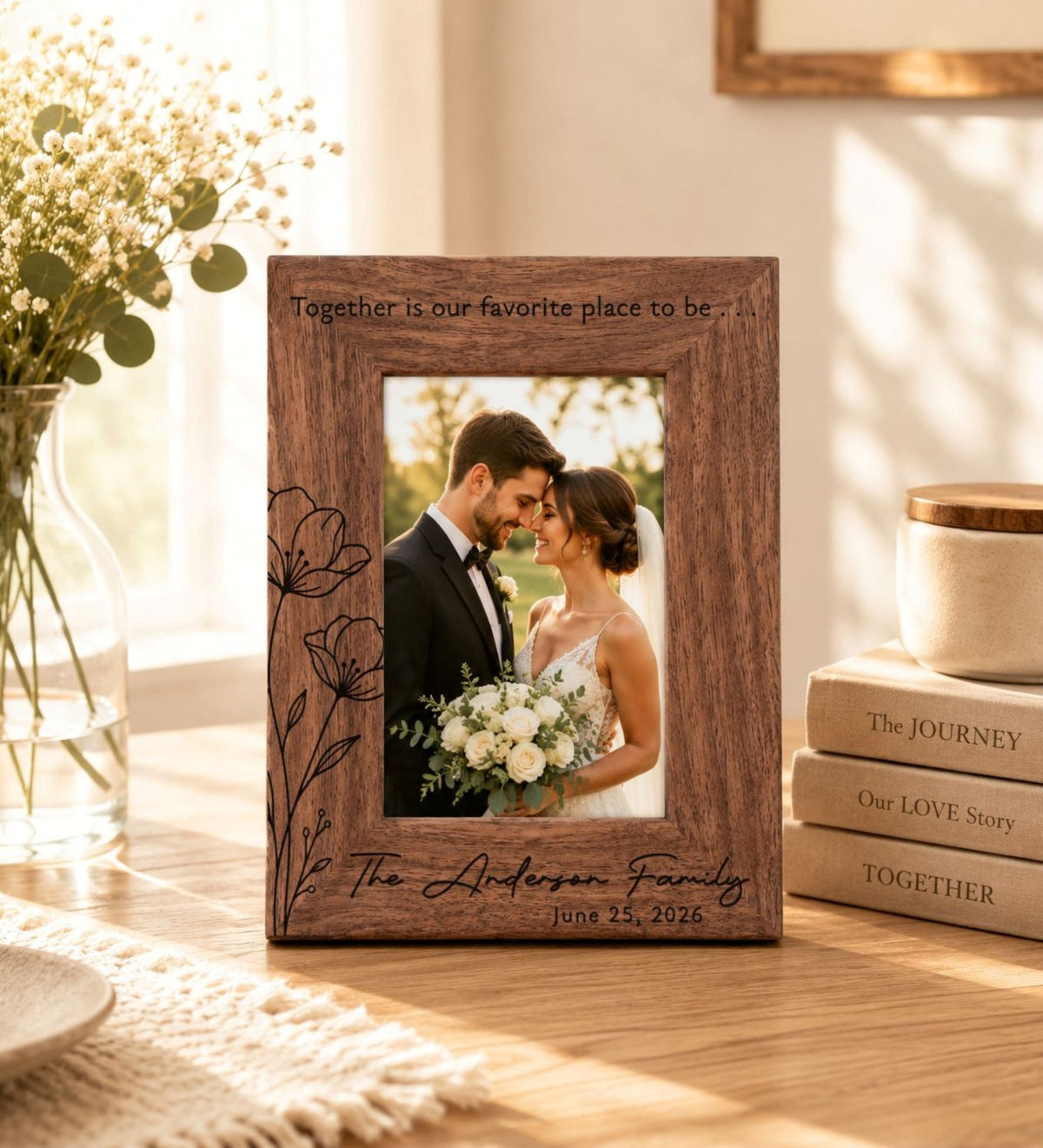 Personalized Wedding Photo Frame, Custom Engraved Genuine Walnut 4x6 Picture Frame, Family Keepsake, Wedding Gift for Couple - Apparel & Accessories - Aylev