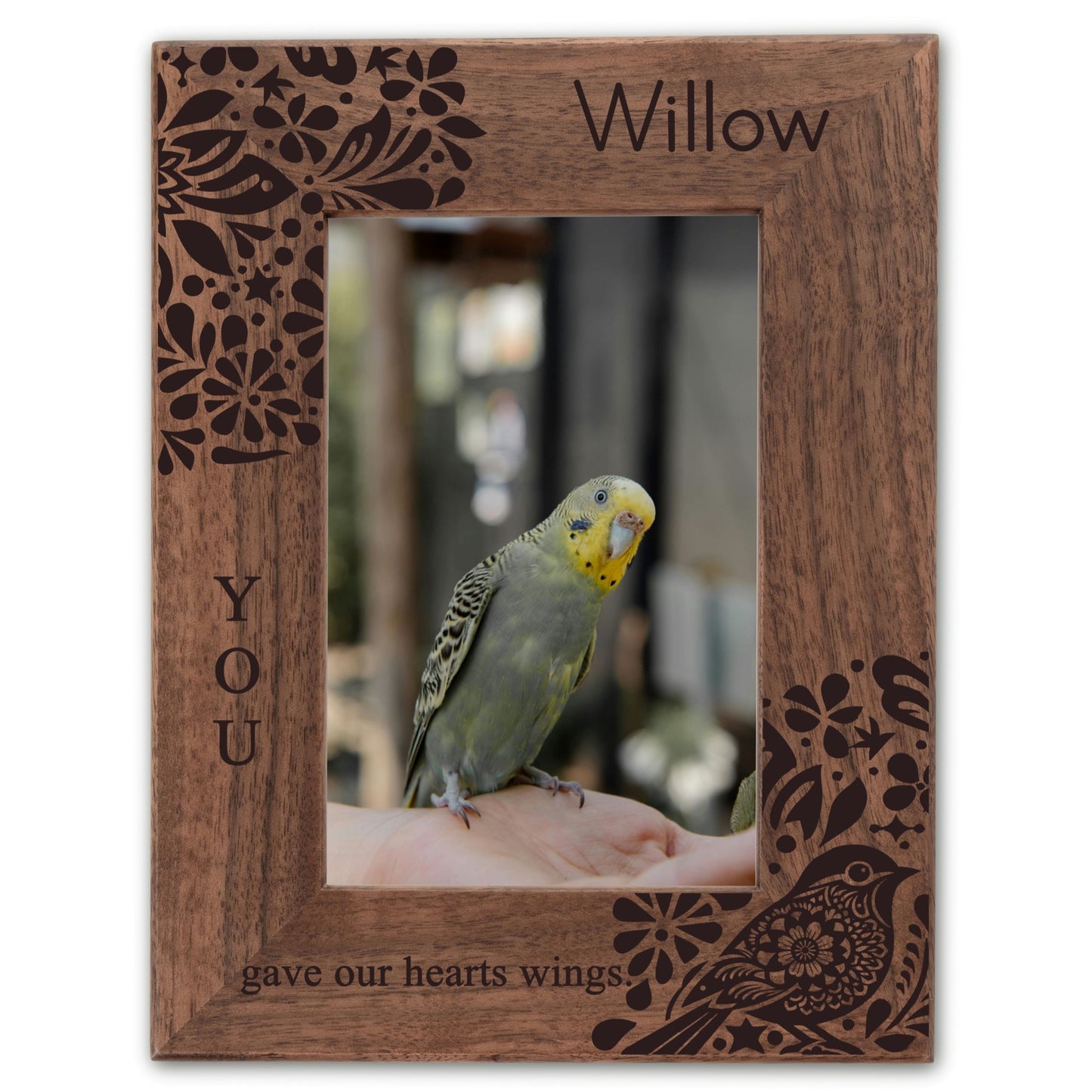 Personalized Bird Picture Frame, Genuine Walnut Bird Photo Frame 4x6, Bird Picture Wall Decor, Bird Memorial Gift, Bird Loss Gifts