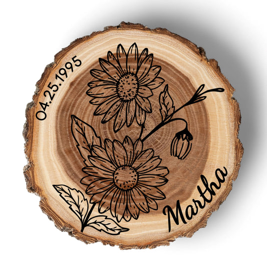 Personalized Birth Flower April Coaster, Real Wood Birth Month Flower Gift, Made in USA Birthday Gift for Her, Girlfriend, Wife, or Mom
