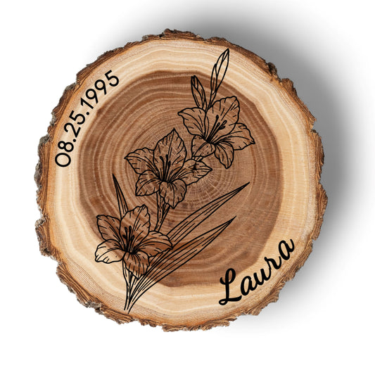 Personalized Birth Flower August Coaster, Real Wood Birth Month Flower Gift, Made in USA Birthday Gift for Her, Girlfriend, Wife, or Mom