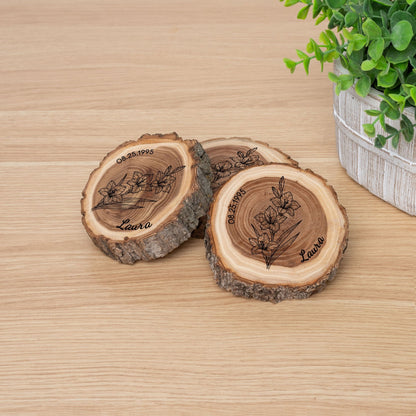 Personalized Birth Flower August Coaster, Real Wood Birth Month Flower Gift, Made in USA Birthday Gift for Her, Girlfriend, Wife, or Mom - Apparel & Accessories - Aylev