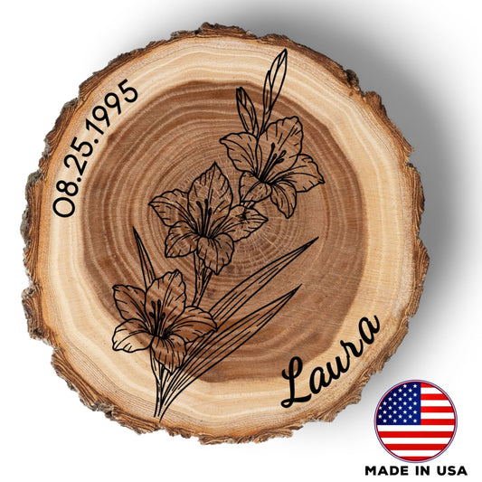 Personalized Birth Flower August Coaster, Real Wood Birth Month Flower Gift, Made in USA Birthday Gift for Her, Girlfriend, Wife, or Mom