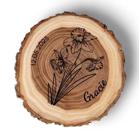 Personalized Birth Flower December Coaster, Real Wood Birth Month Flower Gift, Made in USA Birthday Gift for Her, Girlfriend, Wife, or Mom