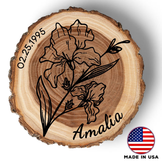 Personalized Birth Flower February Coaster, Real Wood Birth Month Flower Gift, Made in USA Birthday Gift for Her, Girlfriend, Wife, or Mom