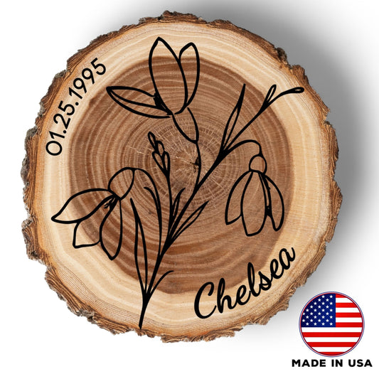 Personalized Birth Flower January Coaster, Real Wood Birth Month Flower Gift, Made in USA Birthday Gift for Her, Girlfriend, Wife, or Mom