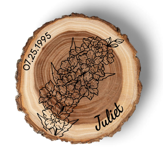 Personalized Birth Flower July Coaster, Real Wood Birth Month Flower Gift, Made in USA Birthday Gift for Her, Girlfriend, Wife, or Mom