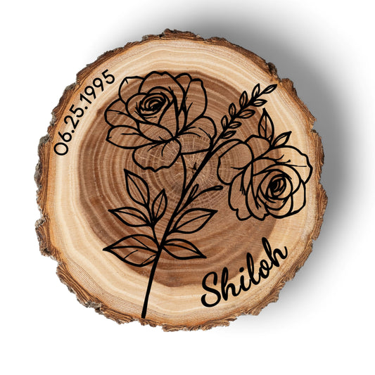 Personalized Birth Flower June Coaster, Real Wood Birth Month Flower Gift, Made in USA Birthday Gift for Her, Girlfriend, Wife, or Mom